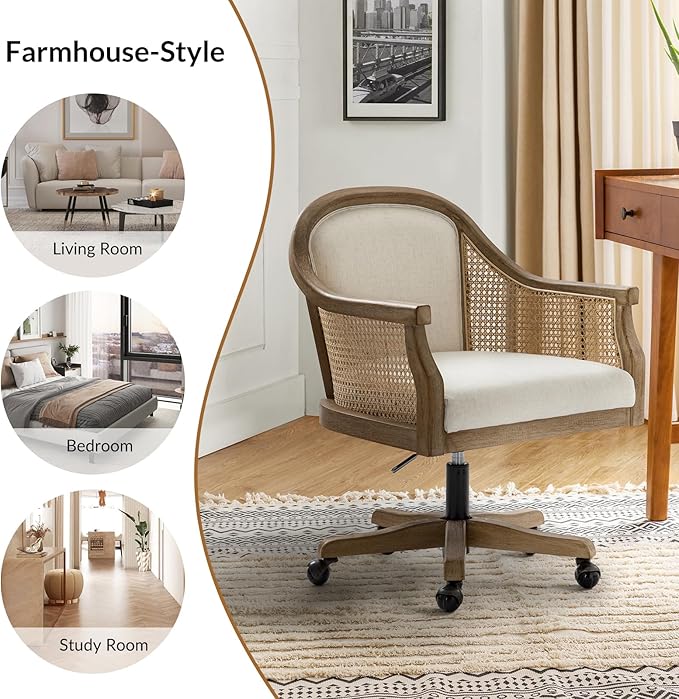 TINA'S HOME Rattan Desk Chair, Upholstered Home Office Chair with Armrest, Adjustable Swivel Rolling Height Computer Task Chair for Living Room Bedroom Study Room, Ivory