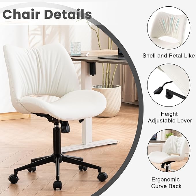 Rowill Armless Office Desk Chair, Ergonomic PU Leather Modern Task Chair with Back Adjustable Height, 360° Swivel Vanity Chairs with Wheels for Small Space, Home Office, Bedroom, White