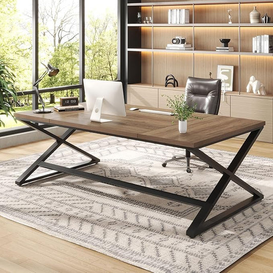 IBF Large Computer Desk, 78.7” Extra Long Home Office Desk, Wood Metal Work Desk for Study Writing, Farmhouse Simple Wide Double PC Gaming Computer Table Executive Workstation in Bedroom, Rustic Oak