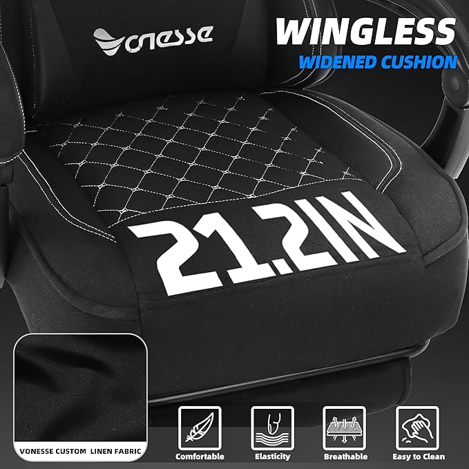 Vonesse Gaming Chair, Computer Chair Fabric with Pocket Spring Cushion, Office Chair with Footrest and Massage Lumbar Support, Reclining Gaming Chairs for Adults 250LBS (Black)