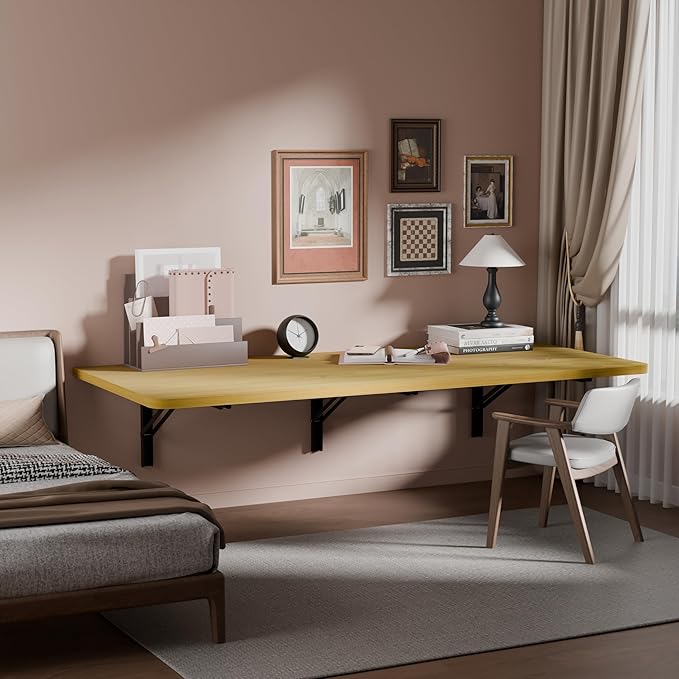 IAE 48" x 22" Floating Foldable Desk,Wall-Mounted Folding Computer Table with Engineered Wood,Study Table with Shelf Brackets,Fold Down Shelf,Fold Computer Desk for Small Spaces,Holds 500 lb,Natural