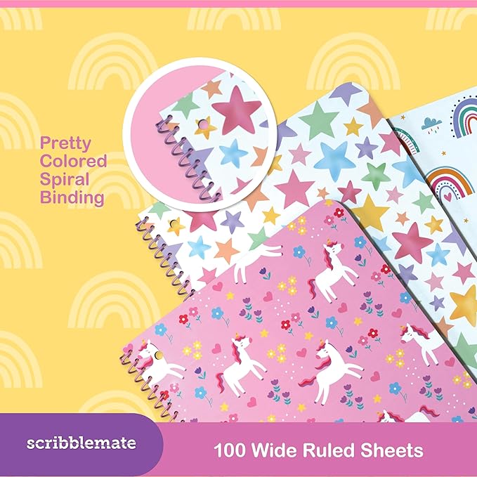 Wide Ruled Spiral Notebook, Adorable 1 Subject Notebooks for kids 100 Sheets/200 Pages, Perforated 3-Hole Punched Sheets with Interior Paper Pocket 8x10.5 Inch (6 Pack)