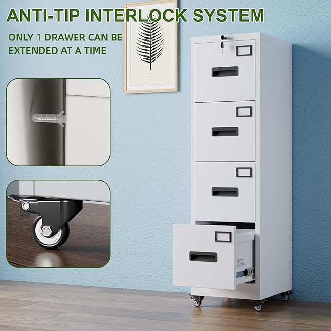 Aobabo 4 Drawer File Cabinet with Wheels, Lockable Metal Filing Cabinet with Name Card for Office and Home,Required Assembly,White