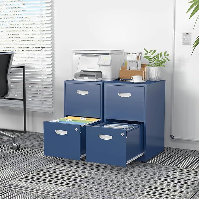2 Drawer File Cabinet with Lock,Blue Metal Office Drawers Filing Cabinets for Home Office, Two Drawer Under Desk File Cabinet for Hanging Letter,Easy Assemble