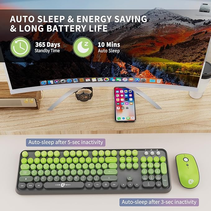 Wireless Keyboard and Mouse Combo | Cute Colorful Keyboard and Mouse with 2.4GHz Cordless Retro Typewriter Keyboard | Auto-Sleep | USB Receiver for Windows PC/Laptop - Grey Green Gradient