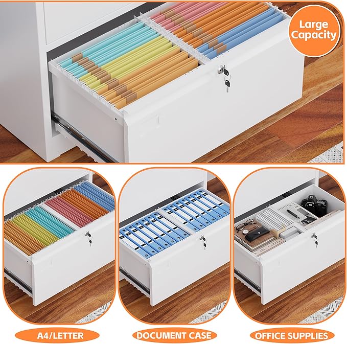 Aobabo 2 Drawer Lateral File Cabinet, Lockable Metal Filing Cabinet with Name Card, Suitable for Home Office School Hanging Files Letter/Legal/F4/A4 Size,Required-Assembly,White