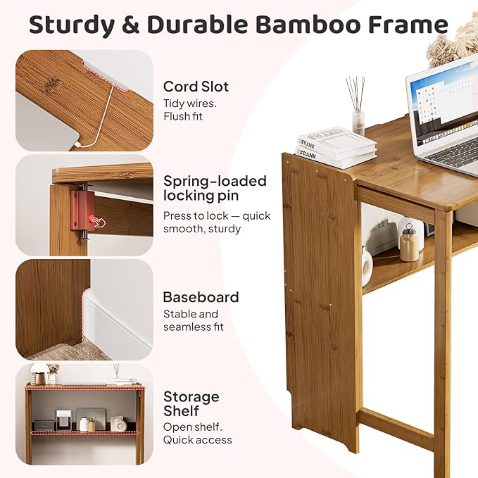 32.7" Bamboo Folding Desk, Space-Saving Foldable Computer Desk for Small Spaces, Portable Home Office Writing Desk for Bedroom, Study, or Apartment, Easy Assembly,Brown