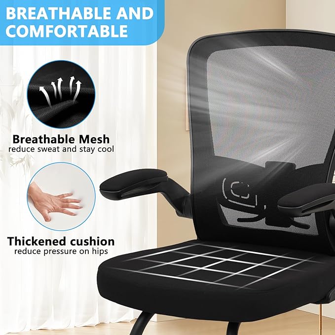 CLATINA Office Guest Chair no Wheels, Ergonomic Mesh Desk Chair Adjustable Lumbar Support and Flip Up Arms, Sled Base for Office Guest & Reception Chairs for Conference Room,Black (1PK)