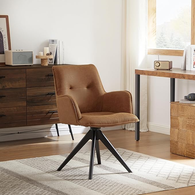 Art Leon Mid Century Desk Chair - Faux Leather Upholstered Office Chair No Wheels, Swivel Accent Chair with Black Oak Wood Legs for Small Space Living Room Bedroom, Set of 2, Brown