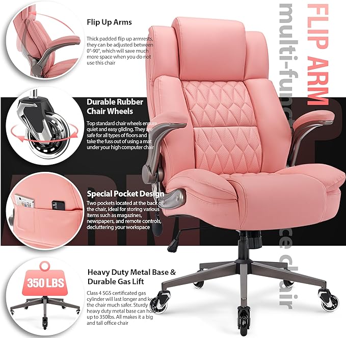 Large High Back Office Chair - Adjustable Lumbar Support Flip Up Arms Heavy Duty Quiet Wheels Metal Base Breathable Bonded Leather Ergonomic Executive Computer Desk Chair with Storage Bags, Pink