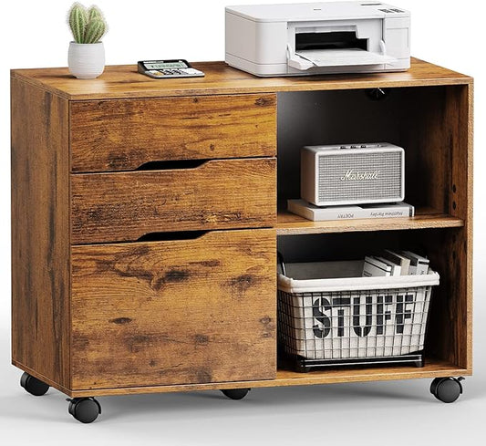 File Cabinet with 3 Drawers, Mobile Lateral Filing Cabinet with Open Storage Shelves for Home Office Under Desk Storage, Brown