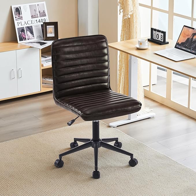 Furnimart Modern Armless Office Desk Task Chair - Upholstered Mid-Back Home Office Chair with 360 Degree Swivel and Adjustable Height - Leather (Black/Brown)