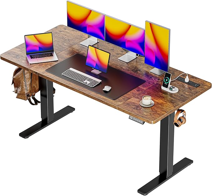Huuger 55 x 28 Large Electric Standing Desk with 4 AC Outlets, Type-C Port, Height Adjustable Computer Desk, 27.6" Deep Desktop, Stand up Gaming Office Desk, 3 Preset Heights, Rustic Brown