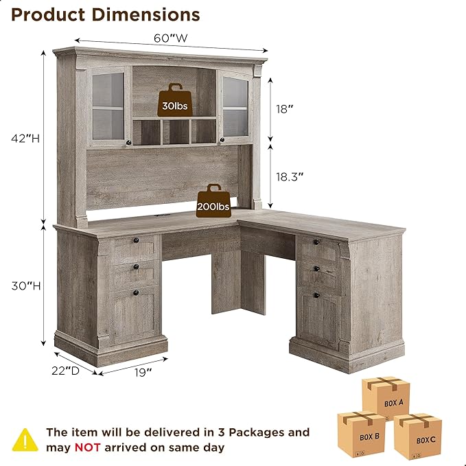 OKD 60" L Shaped Executive Desk with Hutch and Drawers, Farmhouse Home Office Desk with Charging Station, File Cabinet Storage, Wood Corner Computer Desk for Work and Study, Light Rustic Oak