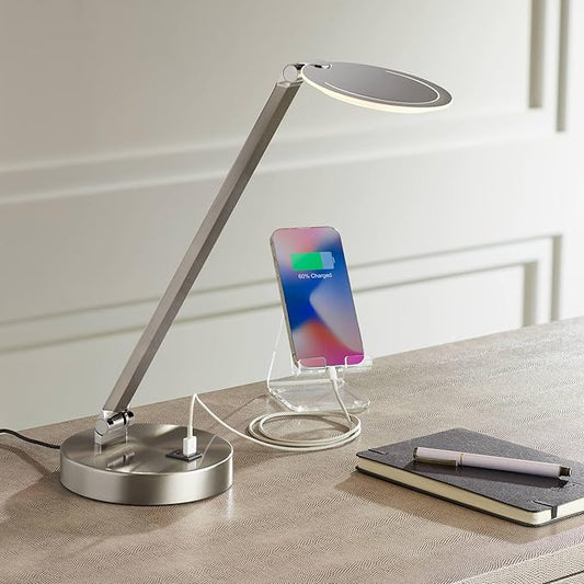 Possini Euro Design Kobie 21 3/4" High Single Modern Metal Desk Lamp Adjustable Height LED USB Port Silver Nickel Finish Family Office Living Room Charging Bedroom Bedside Nightstand House