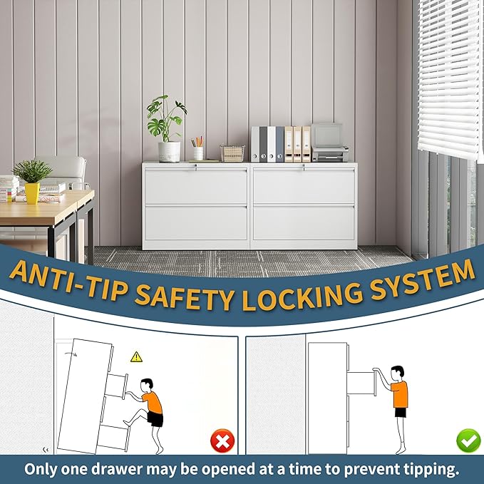 2 Drawer File Cabinet with Lock, Lateral Filing Cabinets,Metal Storage Filing Cabinets for Home Office, Heavy Duty File Cabinet for Letter/Legal/A4/F4 Size Amssebly Required, White