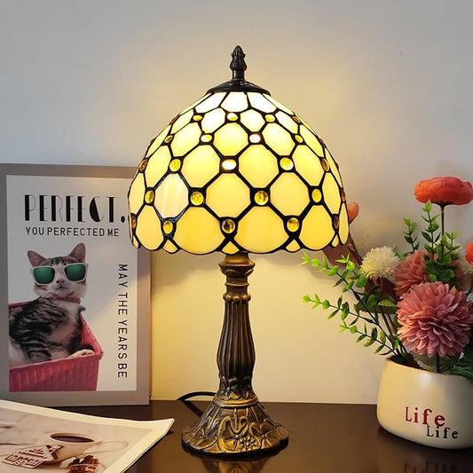 Small Tiffany Table Lamp 8 Inch Tiffany Style Desk Lamp Stained Glass Antique Light Bedroom Bedside Lamp Retro Reading Lamps (White Pearls Style)
