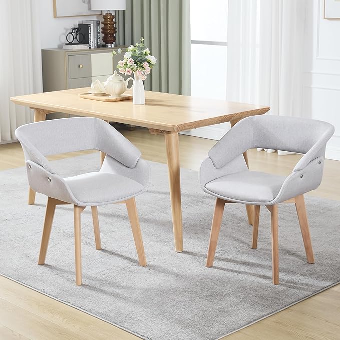 Home Office Desk Chair No Wheels Set of 2, Upholstered Linen Fabric Modern Accent Side Armchair with Wood Legs Hollow-Out Back, for Vanity Living Dining Room Bedroom, Grey