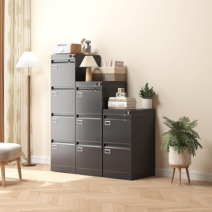 2 Drawer Metal File Cabinet with Lock, Black Locked Filing Cabinets, Vertical Small File Cabinet with Key, Under Desk Filing Cabinets for Home Office