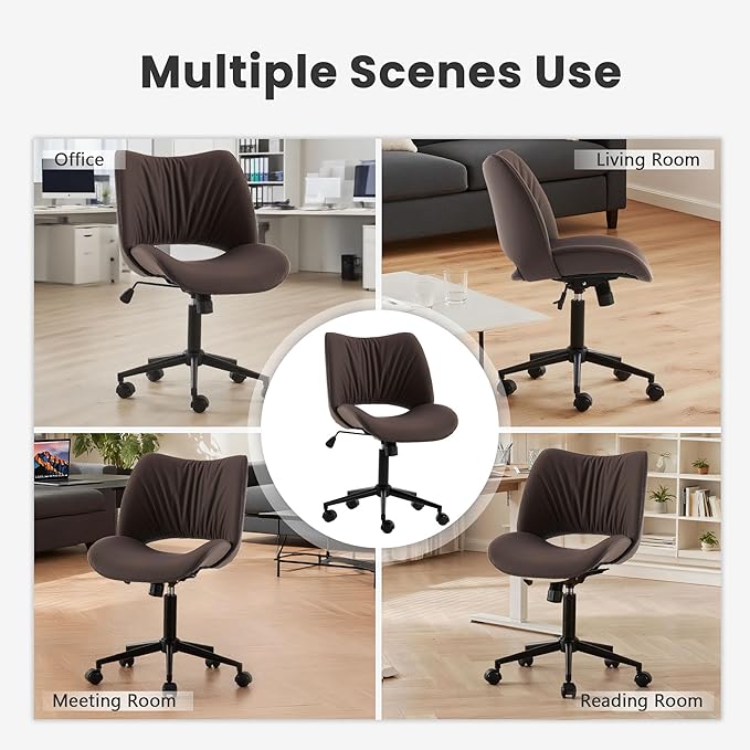 Rowill Armless Office Desk Chair, Ergonomic PU Leather Modern Task Chair with Back Adjustable Height, 360° Swivel Vanity Chairs with Wheels for Small Space, Home Office, Bedroom, Brown