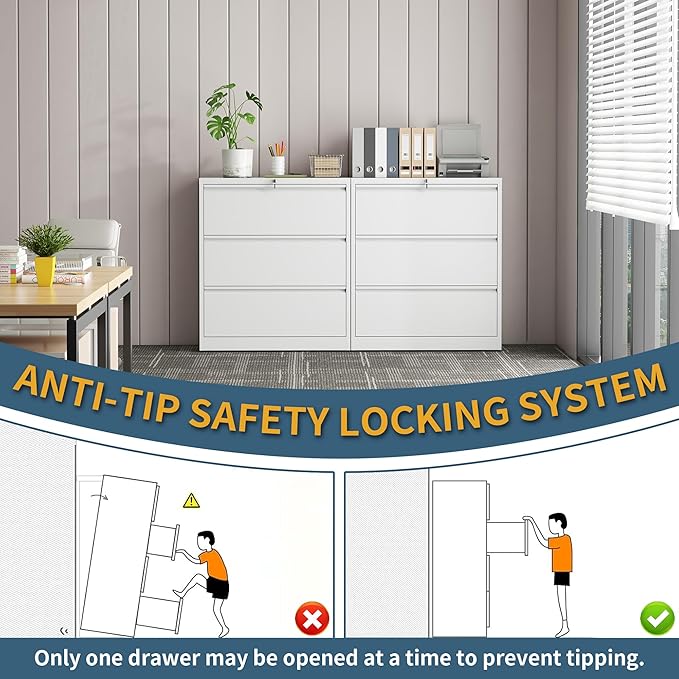 3 Drawer File Cabinet with Lock, Lateral Filing Cabinets,Metal Storage Filing Cabinets for Home Office, Heavy Duty File Cabinet for Letter/Legal/A4/F4 Size Amssebly Required, White