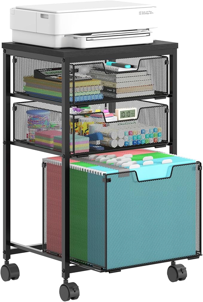 Rolling File Cart with 3 Drawers, Mobile Filing Cabinet for Home Office, Under Desk Storage Organizer with Wheels, Hanging Folder Holder Utility Cart Printer Stand, Black