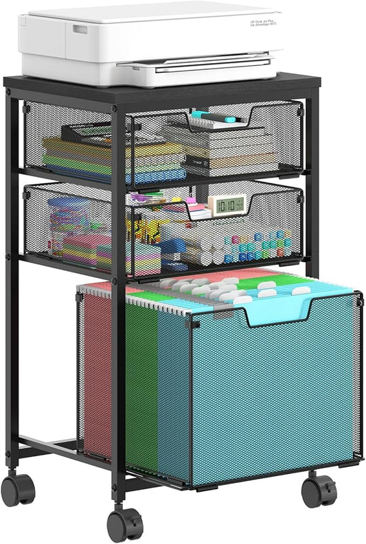 Rolling File Cart with 3 Drawers, Mobile Filing Cabinet for Home Office, Under Desk Storage Organizer with Wheels, Hanging Folder Holder Utility Cart Printer Stand, Black