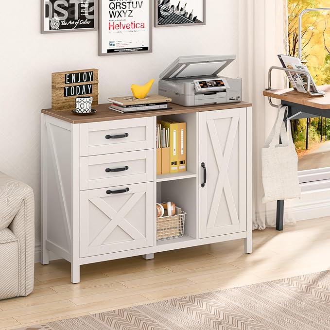 Lateral File Cabinet with 3 Drawers and Door, Farmhouse File Cabinet with Adjustable Shelf for Letter/A4 Size Hanging Files, Printer Stand with Storage Cabinet for Home Office Furniture, White