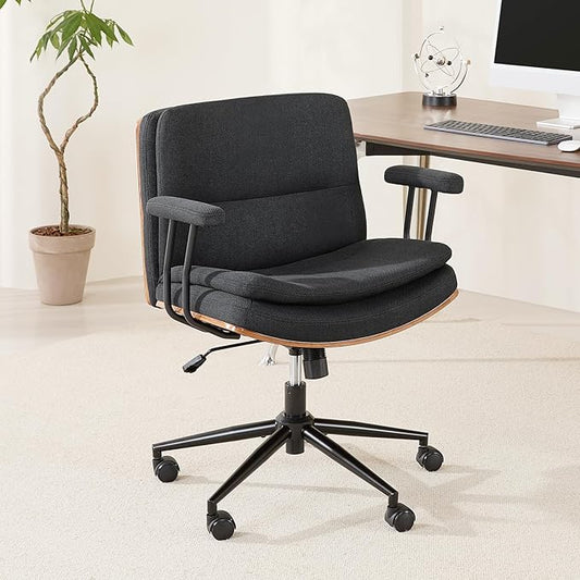Criss Cross Chair with Armrests & Wheels, Linen Fabric Adjustable Swivel Walnut Task Chair with Wide Seat, Ergonomic Mid Back Computer Office Desk Chairs for Meeting Room, Home