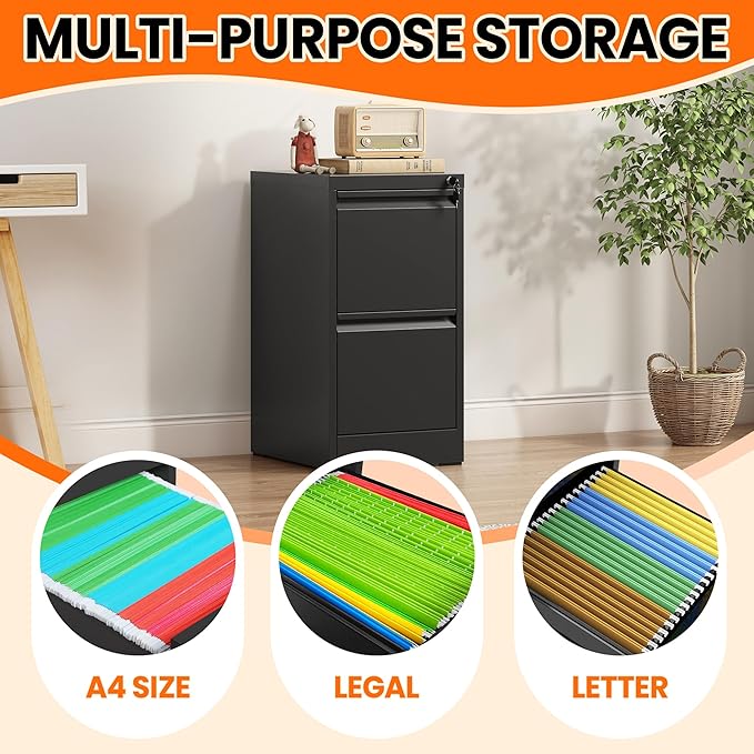2-Drawer Locking Vertical File Cabinet, Metal Storage Cabinet for Office/Home – Secure Vertical Filing for Letter/Legal/A4/F4 Documents, Easy to Assemble Steel Cabinet, Black (Black, 2 Drawer-28 H)