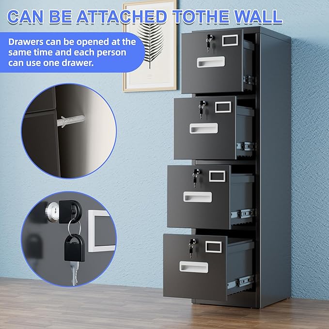 SUXXAN 4 Drawer File Cabinet, Metal Vertical Black Filing Cabinets with Locks Name Card Holder for Home Office, Assembly Required