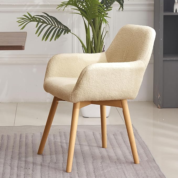 Mid Century Modern Dining Chairs Set of 2 & 4 & 6 Comfy Accent Chair Upholstered Kitchen Dining Living Room Chairs for Bedrooms Waiting Room Home Arm Desk Chair No Wheels (Wool Light Khaki, 2)