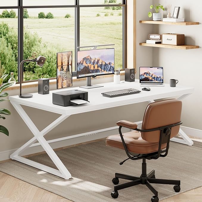 IBF Long White Computer Desk, Modern Simple Large Home Office Desk, Wood Metal Work Study Writing Table for 2 Monitors, Double Pc Gaming Executive Workstation in Bedroom Living Room, White Oak,70 in