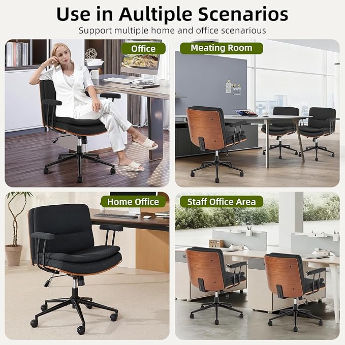 Criss Cross Chair with Armrests & Wheels, Linen Fabric Adjustable Swivel Walnut Task Chair with Wide Seat, Ergonomic Mid Back Computer Office Desk Chairs for Meeting Room, Home