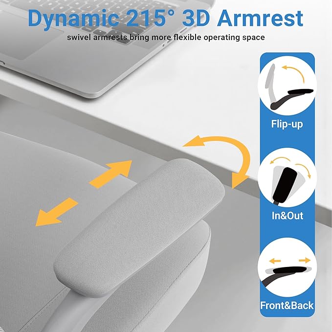 HYLONE Heavy Duty Office Chair, 5" Thickened Seat Ergonomic Desk Chair with Adjustable Armrests, Home Office Computer Chairs for Long Hours Mesh Executive Chair(Grey)