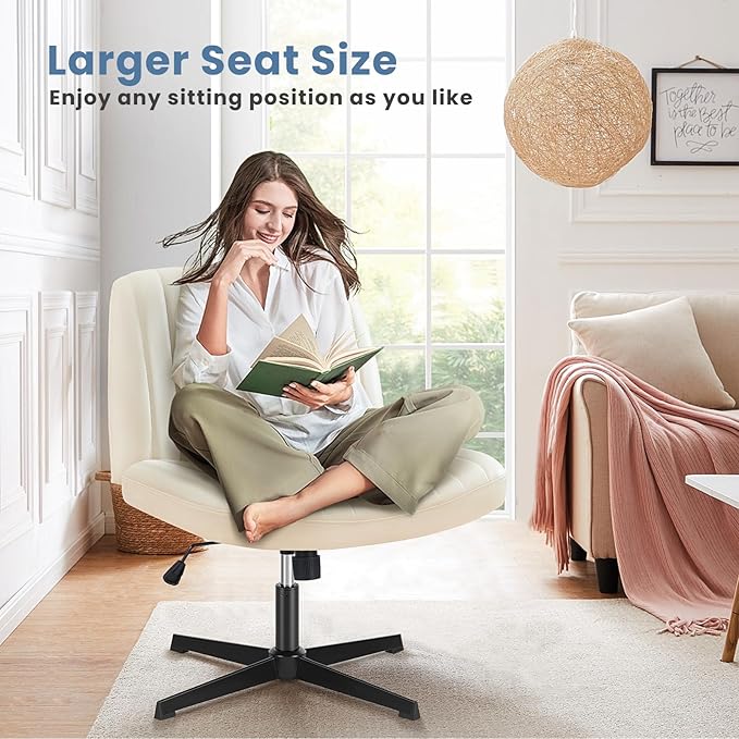 DUMOS Criss Cross Chair Legged Office Wide Comfy Desk Seat, No Wheels Armless Computer Task Seating, Swivel PU Leather Vanity Home Height Adjustable