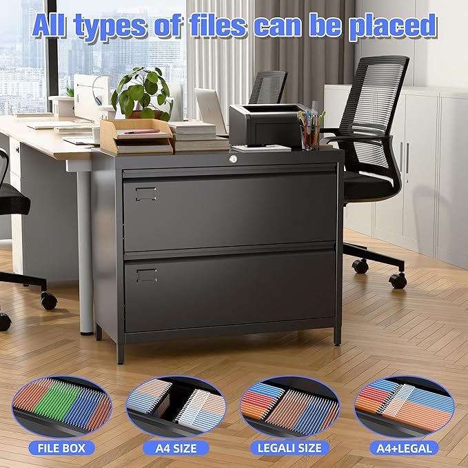 SUXXAN Metal 2 Drawer Lateral File Cabinet with Lock & Adjustable Feet - Wide Filing Cabinet for Letter/Legal/F4/A4 Hanging Files - Includes Business Card Holder,Home Office School Storage,Black