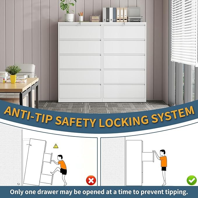 5 Drawer File Cabinet with Lock, Lateral Filing Cabinets,Metal Storage Filing Cabinets for Home Office, Heavy Duty File Cabinet for Letter/Legal/A4/F4 Size Amssebly Required, White