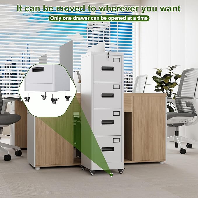 Aobabo 4 Drawer File Cabinet with Wheels, Lockable Metal Filing Cabinet with Name Card for Office and Home,Required Assembly,White