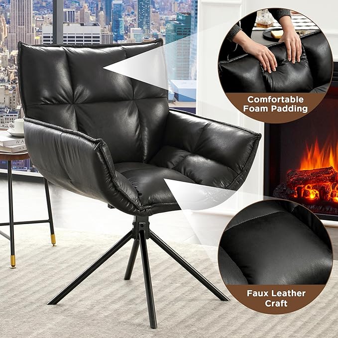 Desk Chair No Wheels, 360° Swivel Mid Century Modern Desk Chairs, Upholstered Faux Leather Swivel Accent Chair with Arms, Criss Cross Office Chair Without Wheels(Black, x1)