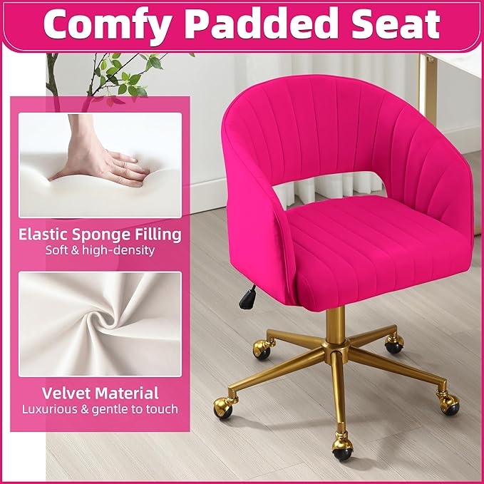 ABET Desk Chair with Wheels, Velvet Home Office Chair, Swivel Armchair Gold Base, Upholstered Modern Accent Chairs, Back Incline Adjustable for Living Room Bedroom Vanity, Hot Pink