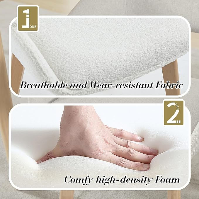 Home Office Desk Chair No Wheels Set of 6, Upholstered Boucle Modern Accent Side Armchair with Wood Legs Hollow-Out Back, for Vanity Living Dining Room Bedroom, Beige