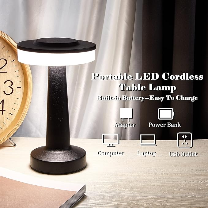 Riakrum Set of 2 LED Portable Cordless Table Lamp with Touch Sensor 3 Color Stepless Dimming Rechargeable Battery up to 15 Hours Cordless Table Light Wireless Lamp for Nursery(Black,2 Pcs)