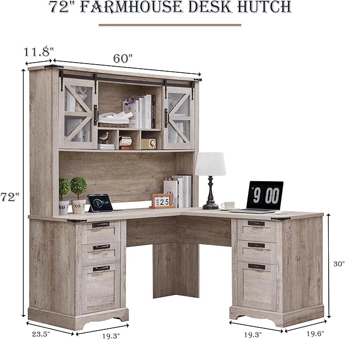 RedLemon 60" Farmhouse L Shaped Desk with Hutch, Wood Home Office Executive Desk with Drawer, Charging Station, File Drawer, Storage Cabinet, Rustic Writing Computer Desk (Light Rustic Oak)