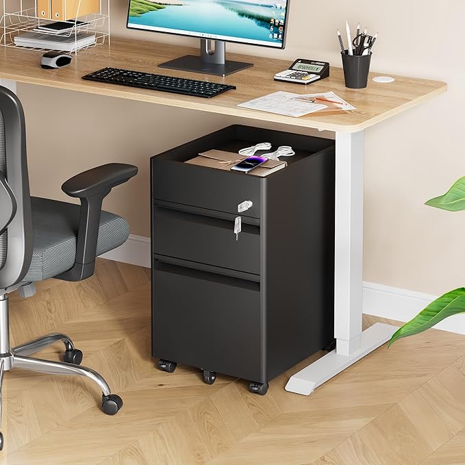 DEVAISE 2 Drawer File Cabinet with Fence, Metal Mobile Filing Cabinet Under Desk, Home Office Furniture fits Legal/A4/Letter Size, 17.7" D x 15.4" W x 25" H, Black