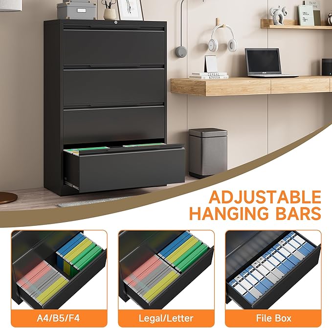 Coolsun Metal Lateral File Cabinet, 4 Drawer File Cabinet with Lock, Wide Filing Cabinet for Home Office, Locking Storage Cabinet for Hanging A4/F4/Letter/Legal, Assembly Required (Black, 4 Drawer)