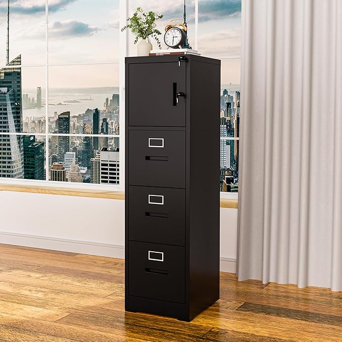 Vertical File Cabinet with 3 Drawers and 1 Door, Metal Filing Cabinet for Home Office, Lockable File Cabinets with Keys for Legal/Letter Size Hanging File Folders, Assembly Required, Black