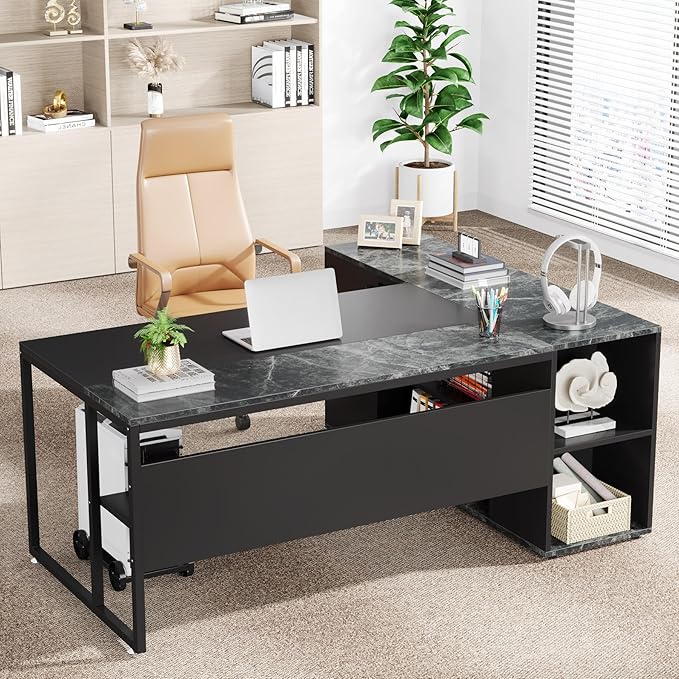 Tribesigns 71 inch Executive Desk, L Shaped Desk with Cabinet Storage, Executive Office Desk with Shelves, Business Furniture Set Workstation for Home Office, Black