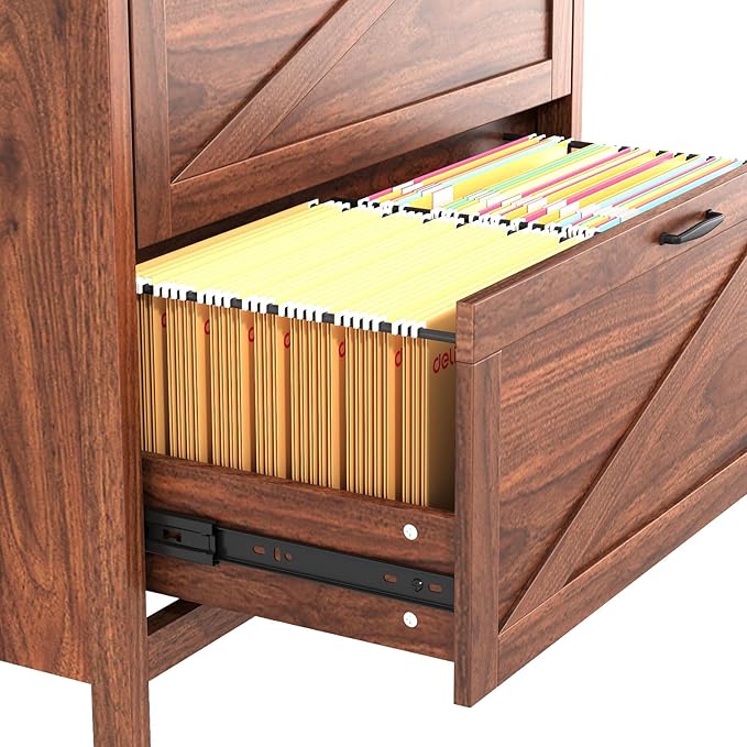 VOWNER 2 Drawer Farmhouse File Cabinet, Filing Cabinet with Printer Stand, Fit A4, Letter Size, Hanging File Folders for Home Office, Walnut