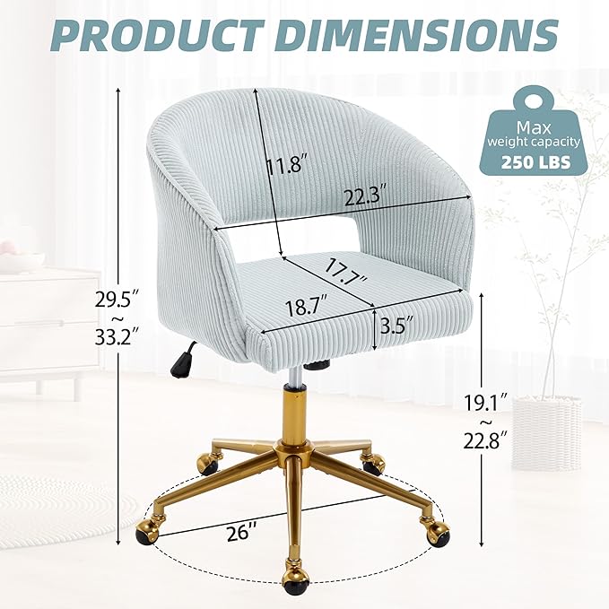 ABET Desk Chair with Wheels, Corduroy Home Office Chair, Swivel Armchair Gold Base, Upholstered Modern Accent Chairs, Back Incline Adjustable for Living Room Bedroom Vanity, Light Blue